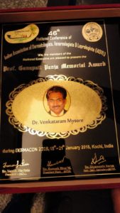 Dr. Venkataram Awarded the Ganapathi panja award for dermatology and dermatopathology