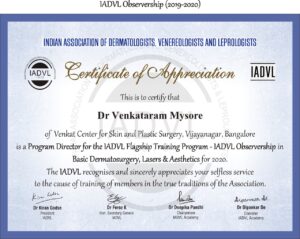 IADVL Certificate of Appreciation to Dr. Venkataram Mysore